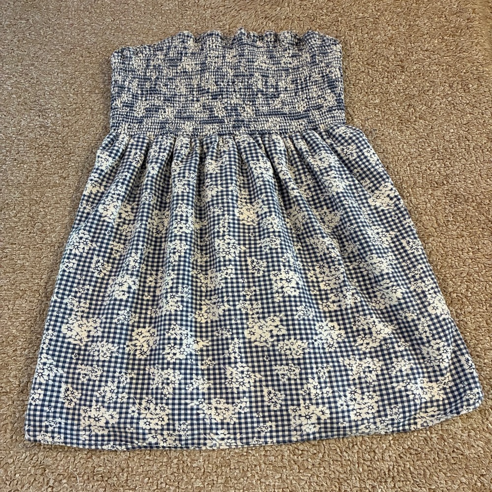 American Eagle Gingham Floral Dress Smocked Tube Bodice Cotton Linen XL